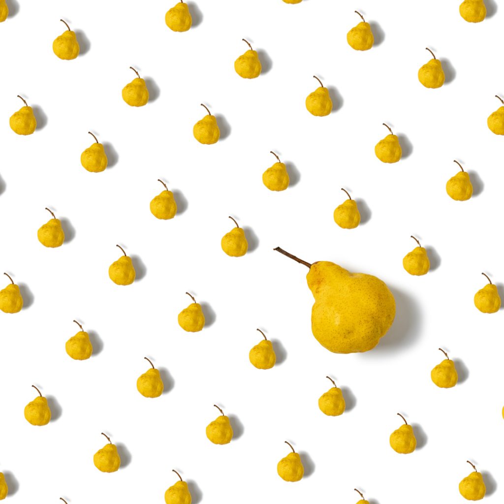 Graphic pear pattern on a white background, top view